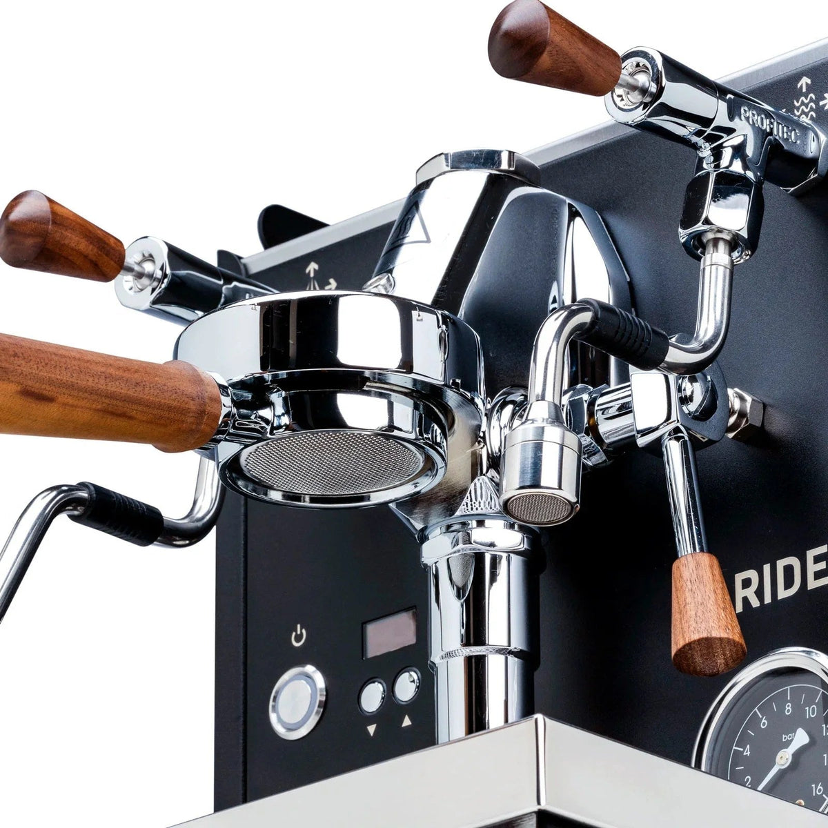 Profitec Ride espresso machine in black walnut finish with detailed view of espresso maker and sleek design.