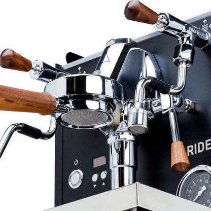 Profitec Ride espresso machine in black walnut finish with detailed view of espresso maker and sleek design.