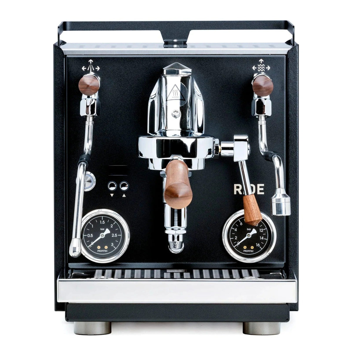 Profitec Ride espresso machine in black walnut finish with front view, showcasing sleek design and professional brewing features.