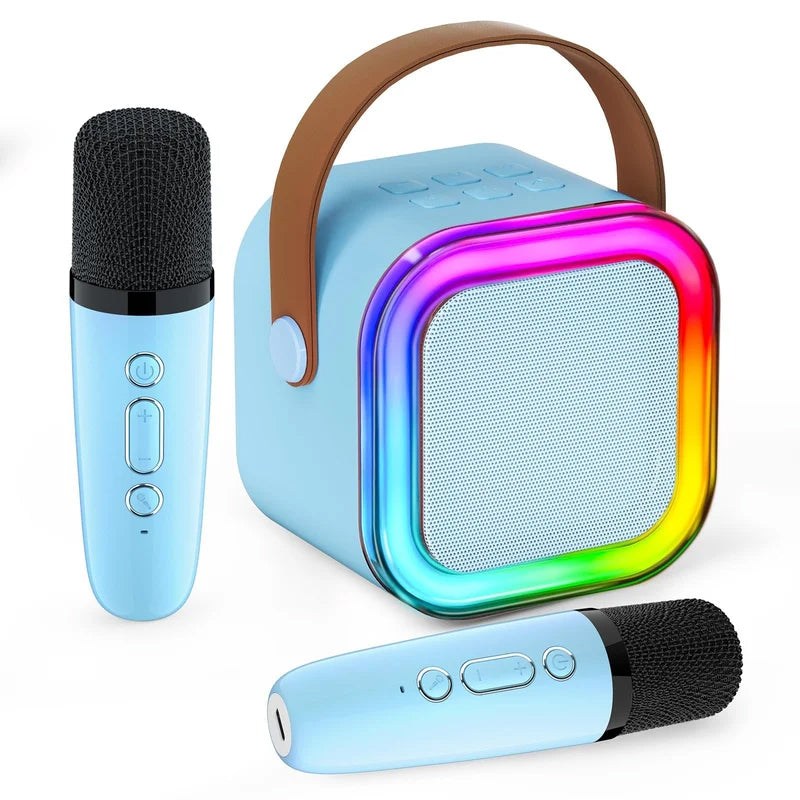 Belro mini karaoke machine with wireless microphone, toy for kids, featuring colorful controls and built-in speaker for singing fun.