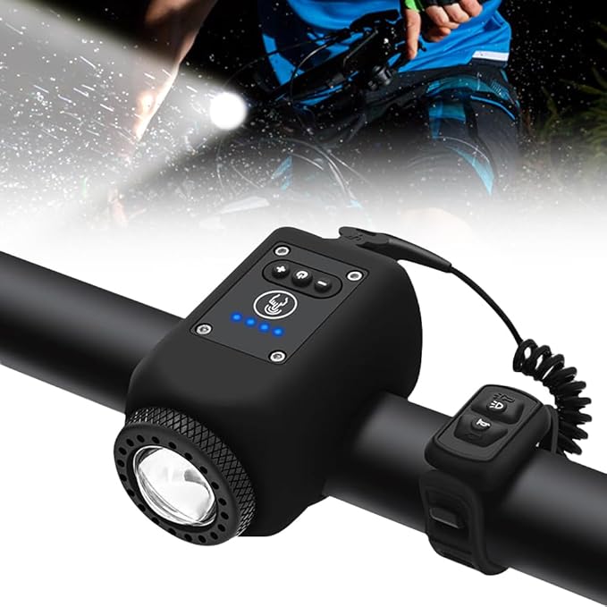 Belro mountain bike electronic horn attached to handlebar, compact and weather-resistant for outdoor cycling safety.