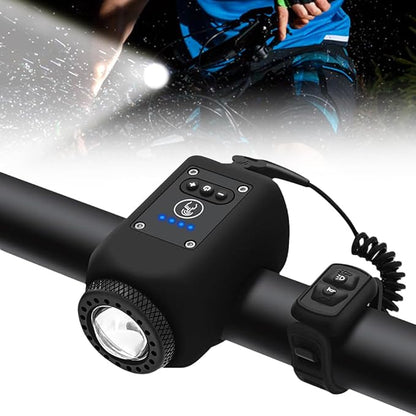 Belro mountain bike electronic horn attached to handlebar, compact and weather-resistant for outdoor cycling safety.