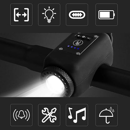 Belro mountain bike electronic horn mounted on handlebar, outdoor cycling accessory for safety and signaling.