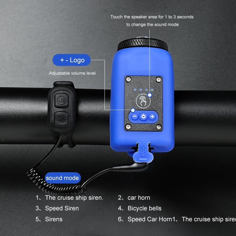 Belro mountain bike electronic horn mounted on bike handlebar, outdoor cycling accessory for safety and alerting.