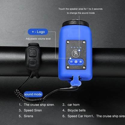 Belro mountain bike electronic horn mounted on bike handlebar, outdoor cycling accessory for safety and alerting.