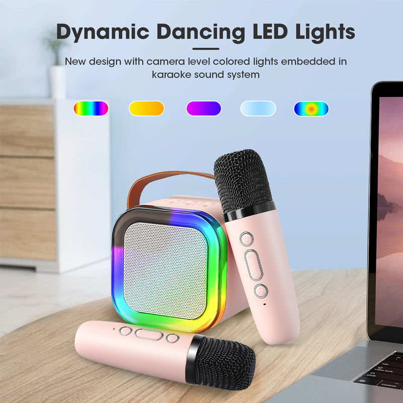 Belro mini karaoke machine with wireless microphone, colorful toy for kids and entertainment, portable entertainment device.