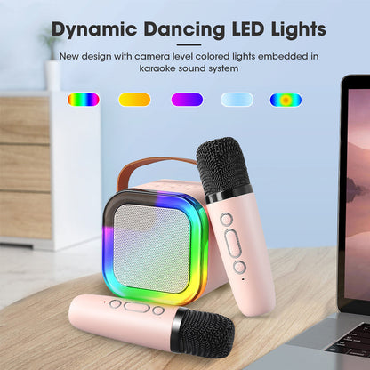 Belro mini karaoke machine with wireless microphone, colorful toy for kids and entertainment, portable entertainment device.