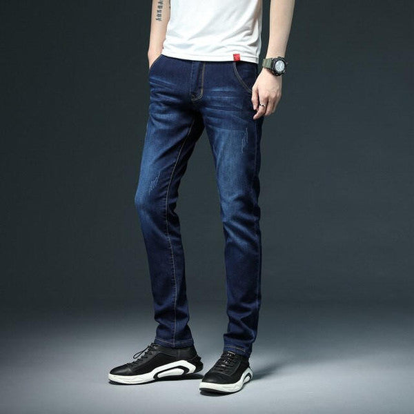 Slim denim jeans by Belro, showcasing fitted blue jeans with classic five-pocket design and clean stitching details.