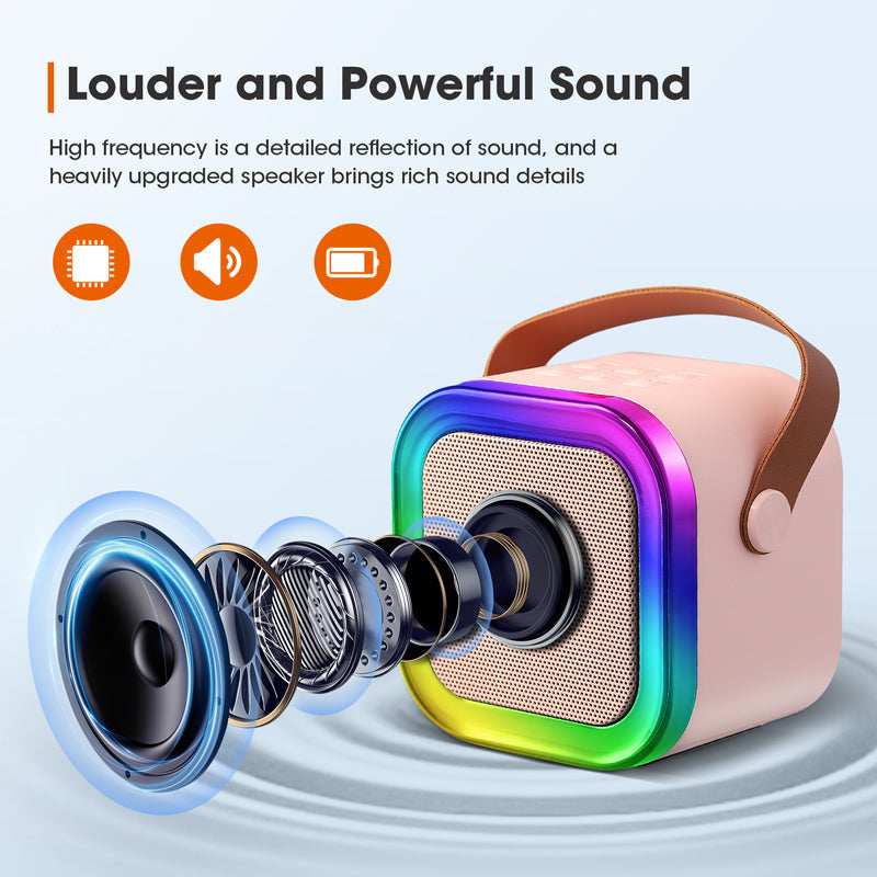 Belro Mini Karaoke Machine with wireless microphone for kids, compact toy with colorful controls and microphone holder.