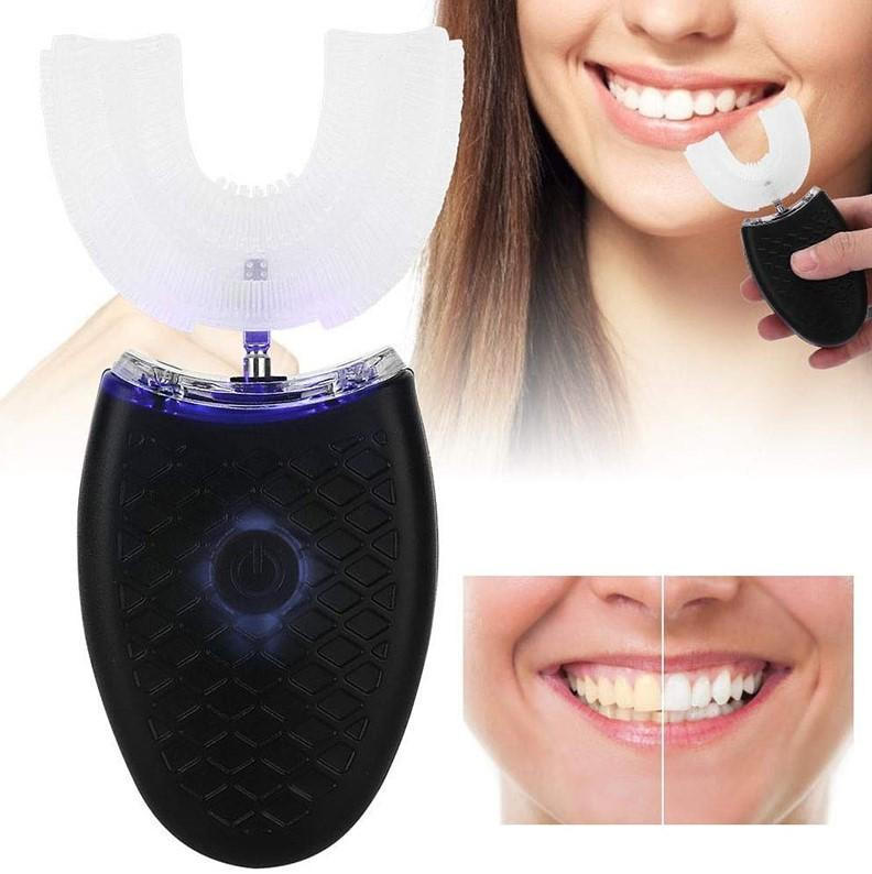 Belro U-shaped electric ultrasonic toothbrush with ergonomic handle and blue and white design for effective oral cleaning