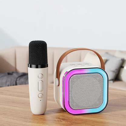 Belro mini karaoke machine with wireless microphone, colorful toy entertainment device for kids, ready for singing fun.