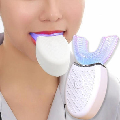 Belro U-Shaped Electric Ultrasonic Toothbrush showing its ergonomic design and ultrasonic brushing heads for effective dental cleaning.