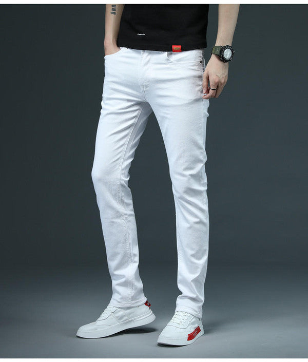 Slim denim jeans by Belro featuring a classic blue wash, fitted style, and five-pocket design displayed on a hanger.