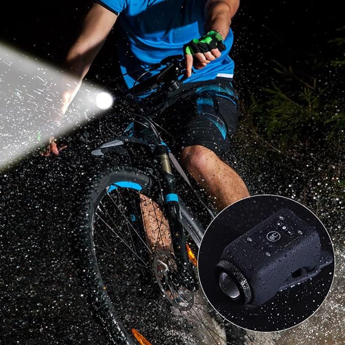 Belro mountain bike electronic horn mounted on handlebars, compact outdoor cycling accessory with digital controls.
