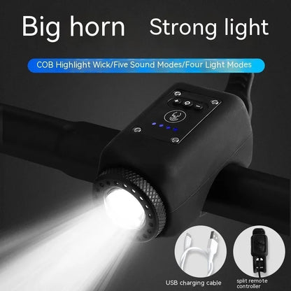 Belro mountain bike electronic horn attached to handlebars, ready for outdoor cycling, compact and easy to use.
