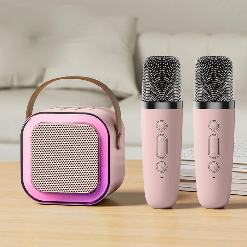 Belro mini karaoke machine with wireless microphone, compact toy for kids, featuring colorful controls and built-in speaker.