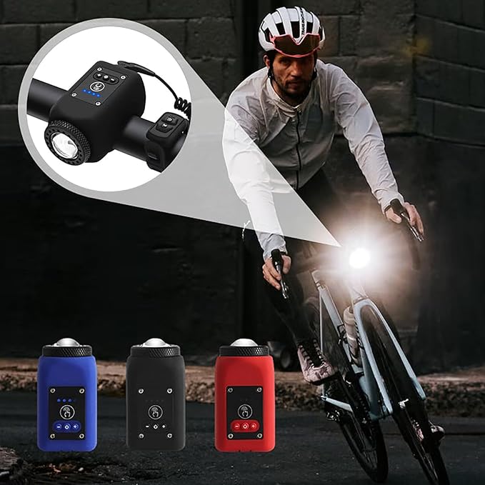 Belro mountain bike electronic horn mounted on a bicycle handlebar, outdoor setting, compact and easy to use for cycling safety.
