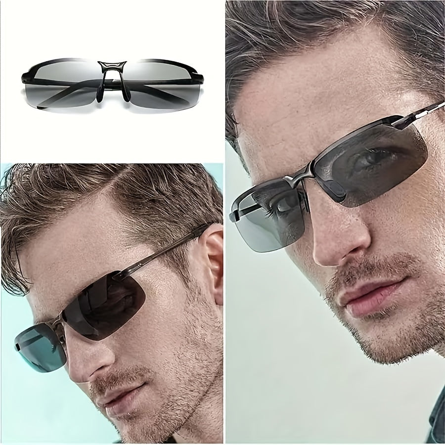 Belro polarized photochromic sunglasses with adjustable frames and darkened lenses, ideal for outdoor activities and eye protection.