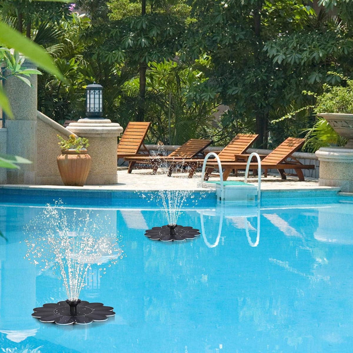Flower-shaped water fountain from Belro with flowing water, designed for ponds and pools, ideal for garden decor.