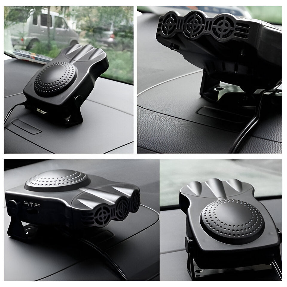 Belro automotive demisting and defrosting car heater attached to a vehicle dashboard, demonstrating its use for clear windows.