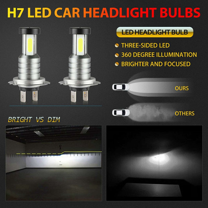 Belro 4x H7 LED headlight bulbs kit for automotive exterior lighting, showcasing the compact, bright LED bulbs in a vehicle headlight.