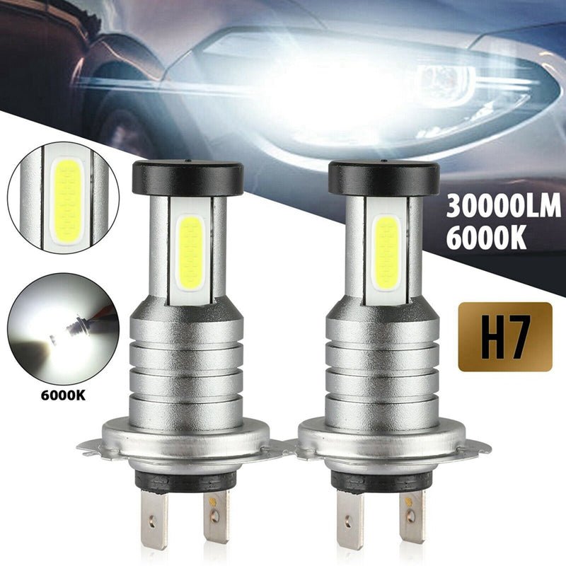 Belro 4x H7 LED headlight bulbs for automotive exterior lighting, showing the compact design and bright LED elements.
