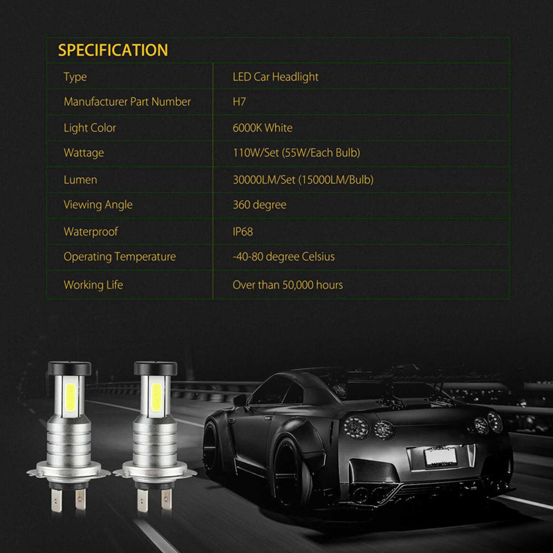 Belro 4x H7 LED headlight bulbs kit for automotive exterior lighting, showing LED bulbs installed in a vehicle headlight.