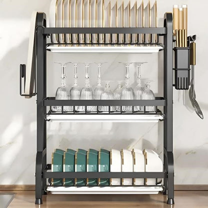 Belro multi-level dish rack with multiple tiers for drying dishes, utensils, and kitchenware on a countertop.
