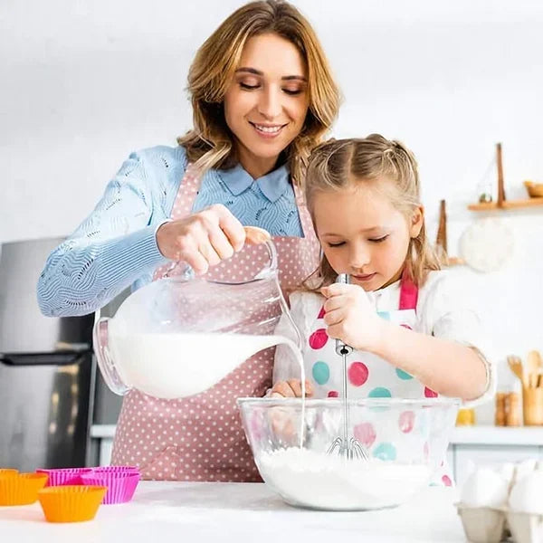 Belro automatic whisk for effortless mixing, shown with stainless steel wire loops and ergonomic handle for kitchen use.