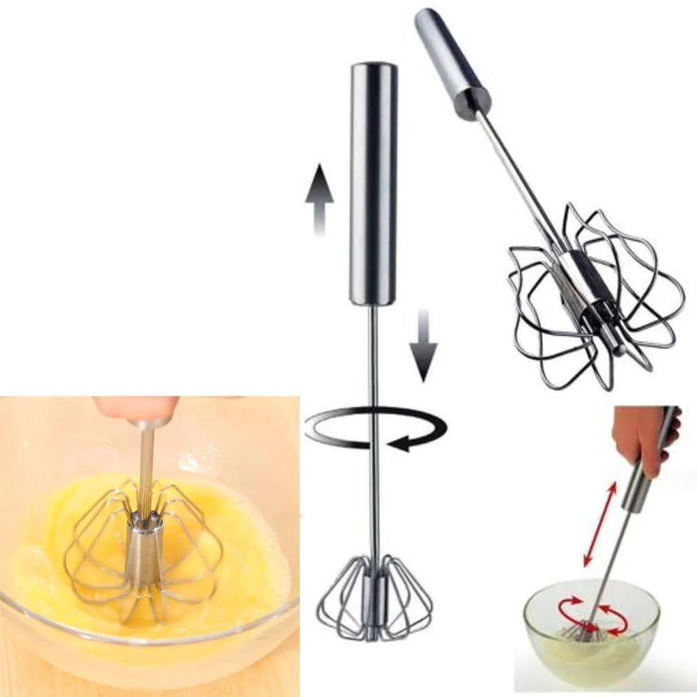 Belro automatic whisk for effortless mixing, showing the sleek electric kitchen utensil with a handle and rotating wire whisk attachment.