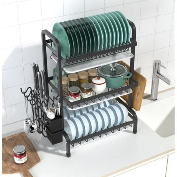 Belro multi-level dish rack with stainless steel frame and multiple tiers for drying dishes and utensils in a modern kitchen.