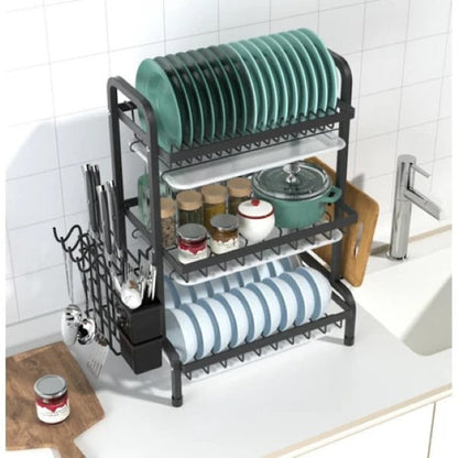 Belro multi-level dish rack with stainless steel frame and multiple tiers for drying dishes and utensils in a modern kitchen.