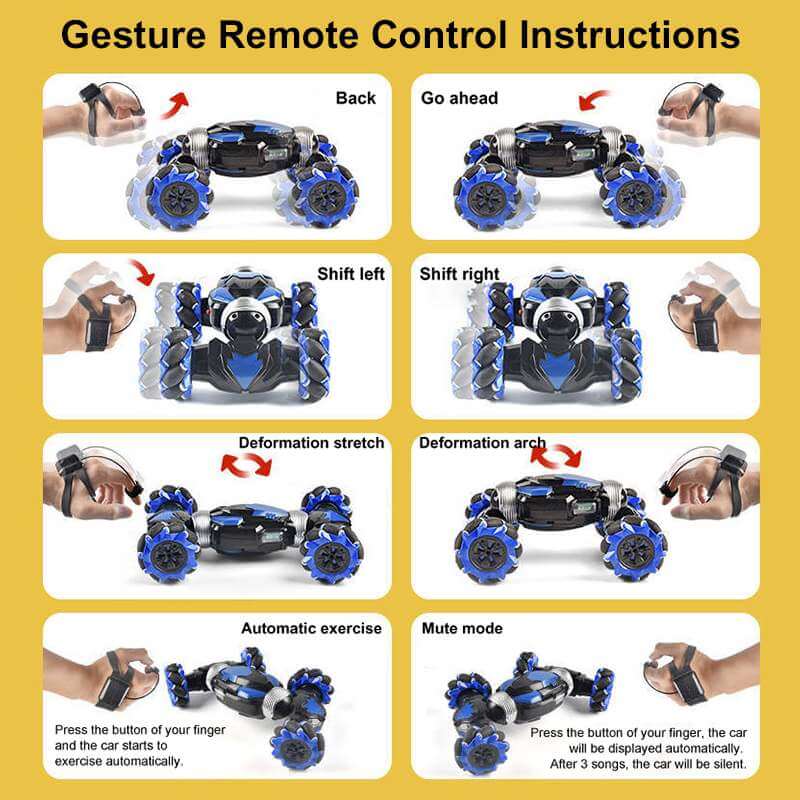 Belro remote control stunt car for toys and games, shown performing a jump on a colorful indoor track.