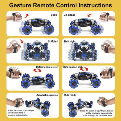 Belro remote control stunt car for toys and games, shown performing a jump on a colorful indoor track.