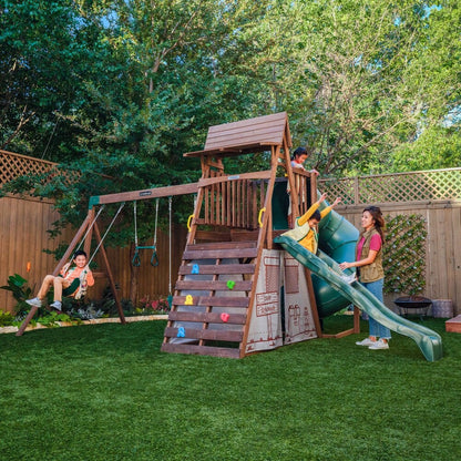 Casavibeo Ranger Retreat Swing Set with multiple swings and slides, outdoor play equipment for kids in a backyard setting.