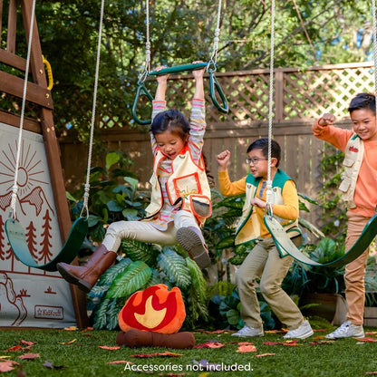 Casavibeo Ranger Retreat Swing Set with multiple swings and slides, featuring sturdy wooden frame and colorful safety features.