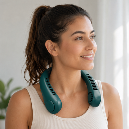 DecorsDeluxe portable wearable neck fan with rechargeable battery, hands-free design, perfect for outdoor cooling and personal comfort.