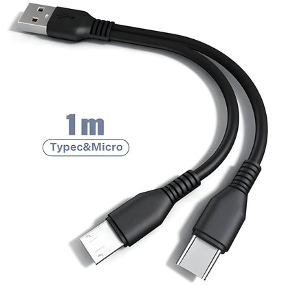 Belro 2-in-1 USB charging cable with multiple ports for smartphone and tablet charging, black rectangular design.