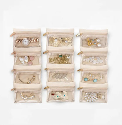 Mivoza jewelry box with clear pouches, stackable and travel-ready for organized jewelry storage in home and travel settings.