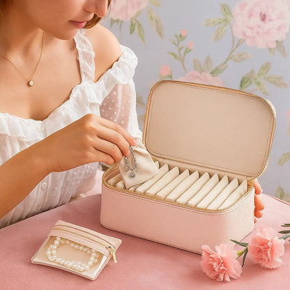 Mivoza jewelry box with clear pouches, stackable and travel-ready, for organized jewelry storage and easy access.