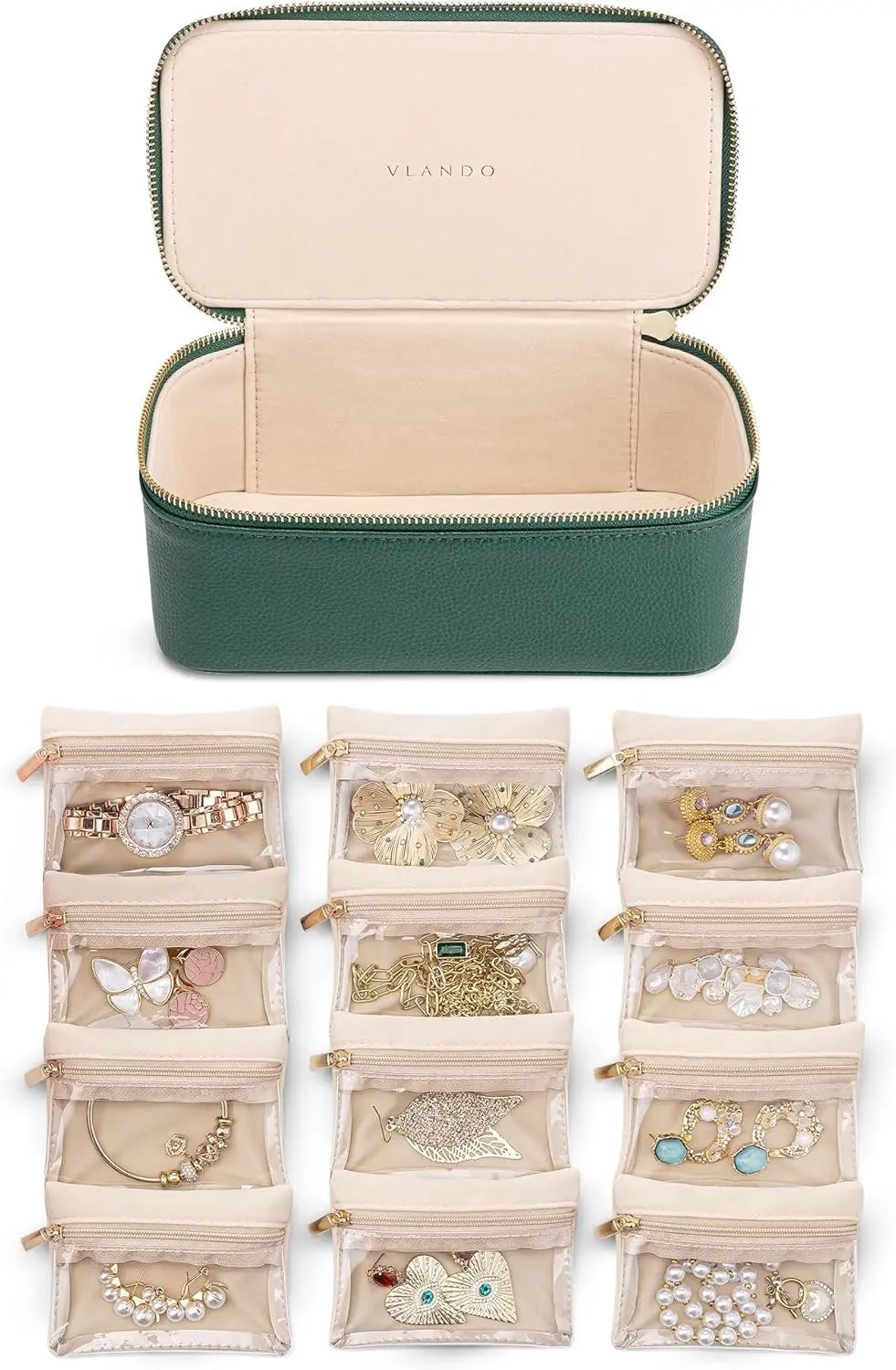Mivoza jewelry box with clear pouches for organized storage, stackable design, travel-ready jewelry storage in a sleek home organization setup.