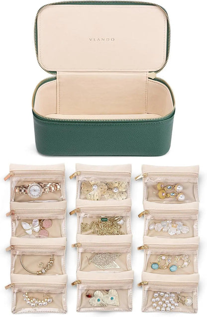 Mivoza jewelry box with clear pouches for organized storage, stackable design, travel-ready jewelry storage in a sleek home organization setup.