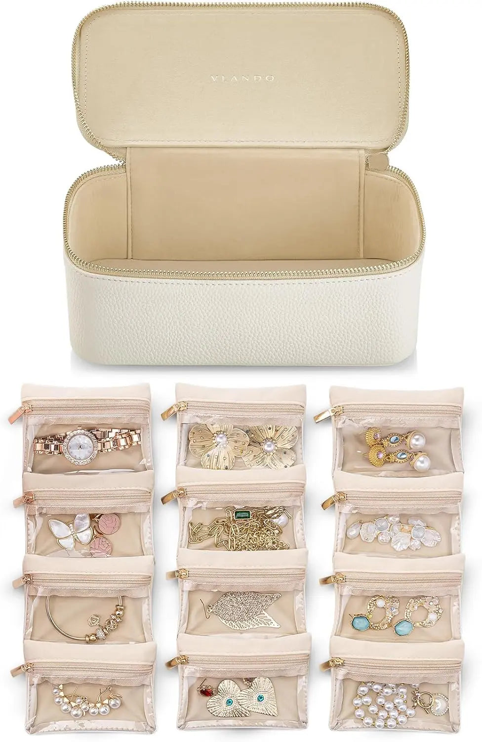 Mivoza jewelry box with clear pouches, stackable and travel-ready jewelry storage for organized home and travel use.