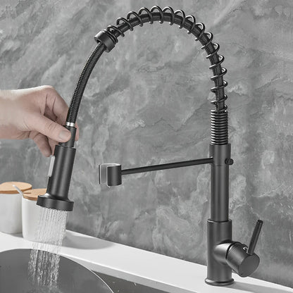 Black single-hole kitchen faucet with pull-down sprayer and 360-degree swivel, ideal for kitchen sink use by Belro.