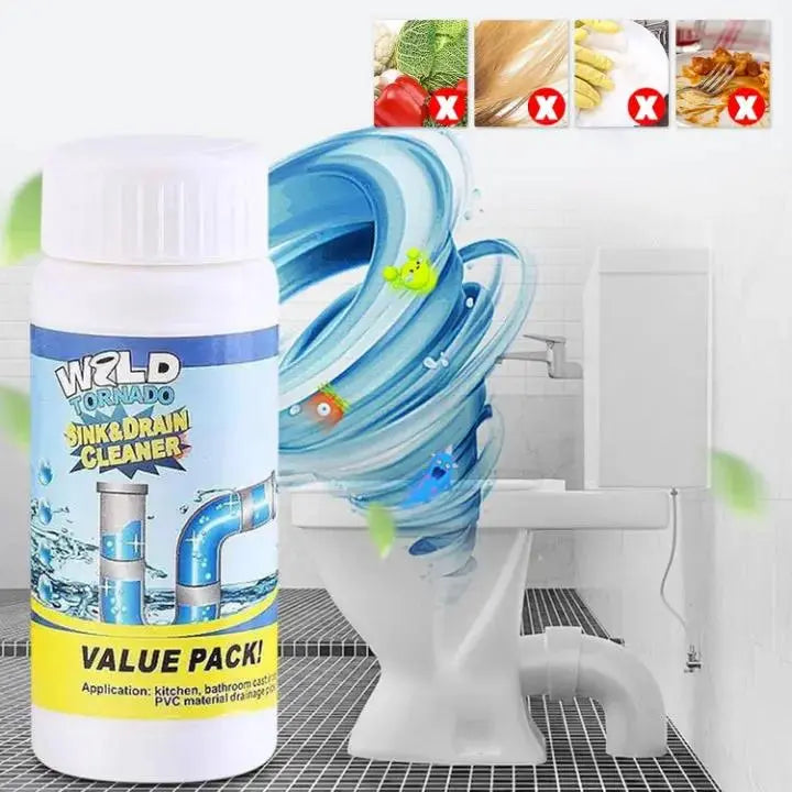 Mivoza drain cleaner powder for fast, chemical-free pipe unclogging, shown in a white container with blue accents.