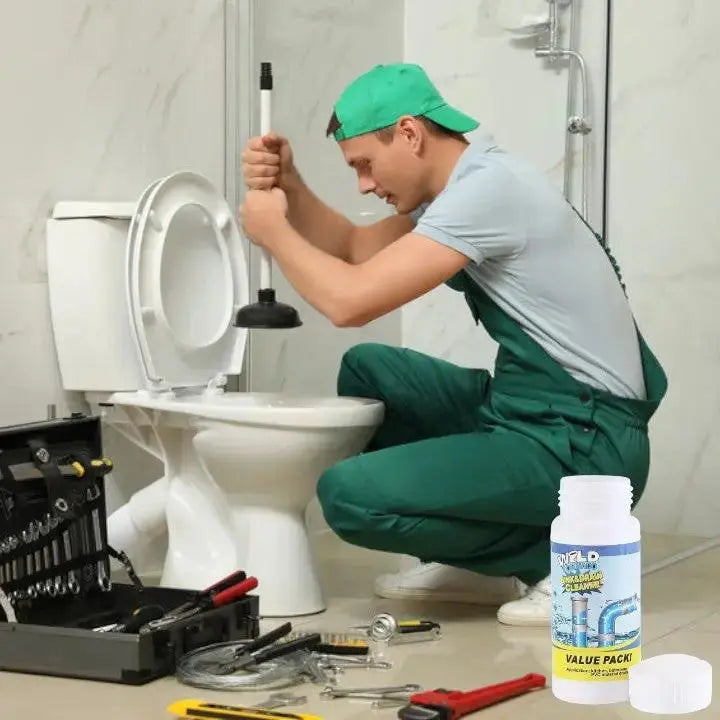 Mivoza drain cleaner powder in a container, designed for chemical-free pipe unclogging and maintenance in the home.