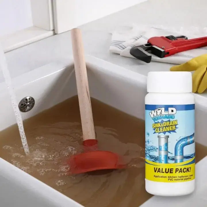 Mivoza drain cleaner powder for fast, chemical-free pipe unclogging, shown in a household drain setting.