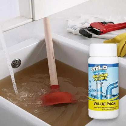 Mivoza drain cleaner powder for fast, chemical-free pipe unclogging, shown in a household drain setting.