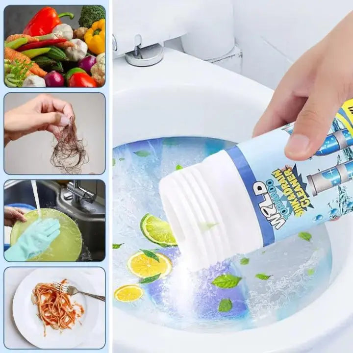 Mivoza drain cleaner powder for fast, chemical-free pipe unclogging, shown in a container with pipes in the background