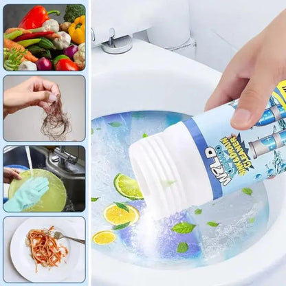 Mivoza drain cleaner powder for fast, chemical-free pipe unclogging, shown in a container with pipes in the background